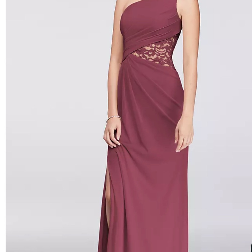 David's Bridal One-Shoulder Lace-Trim Gown in Dusty Rose